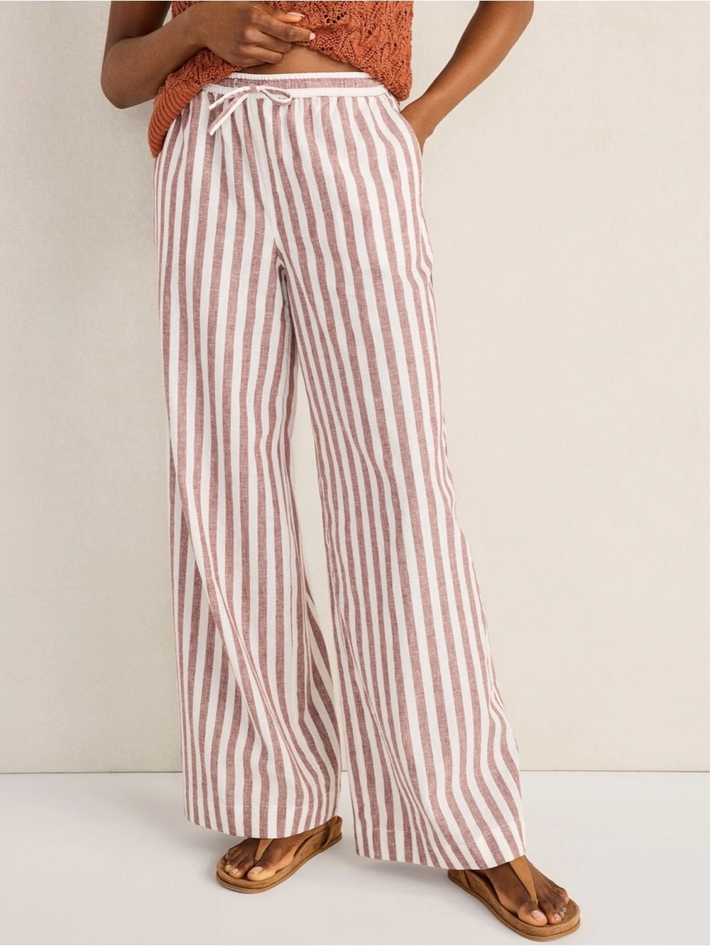 Haven Well Within Cotton Linen Striped Wide Leg Pants - Ivory/Terra Cotta — NWT